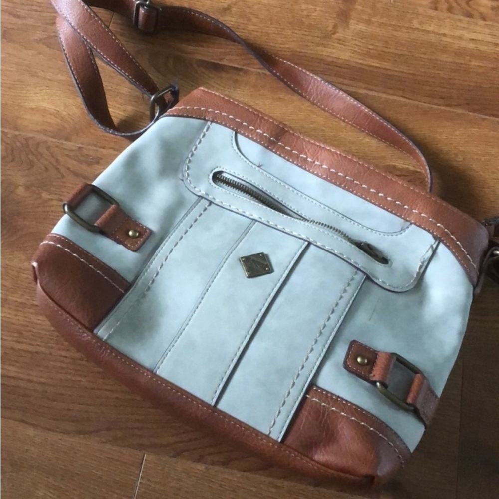 BOC Gray and brown crossbody leather bag with lots of pockets and lining.